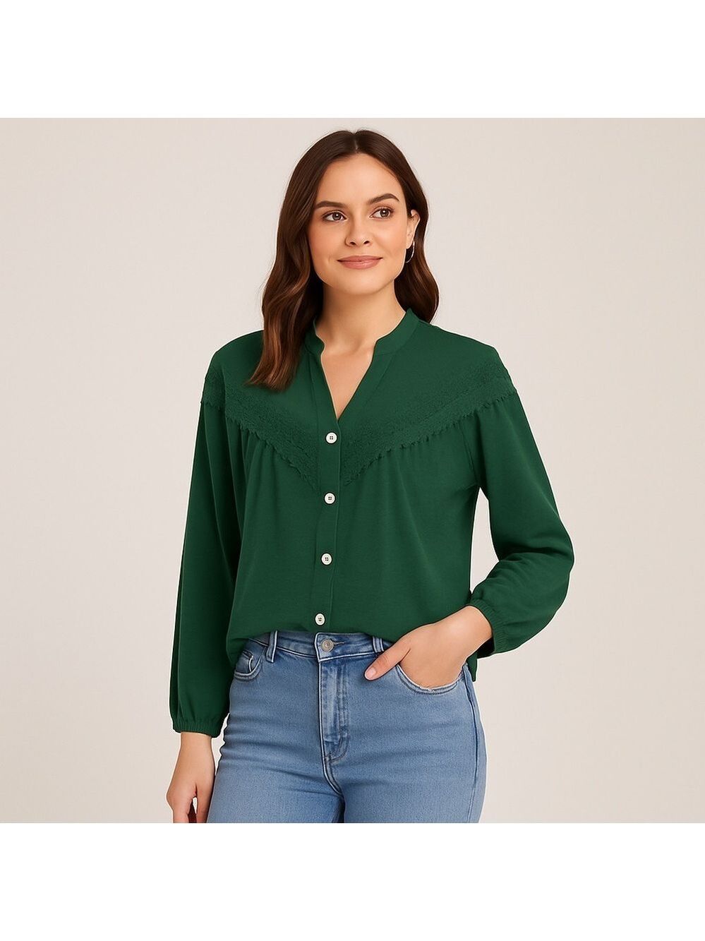 🌿 SHEIN Forest Green Lace Detail Button-Front Blouse 🍃 Size S (EU 36 / US 4) - Picture 3 of 7